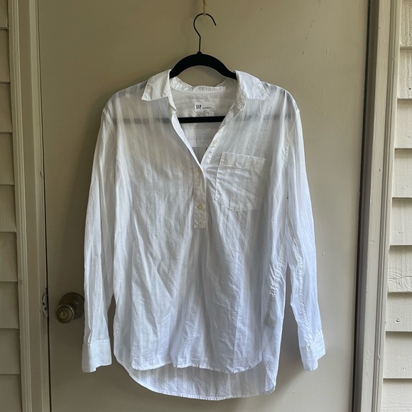 White 1/2 button-up, long sleeved shirt; Size: Medium - Picture 1 of 4